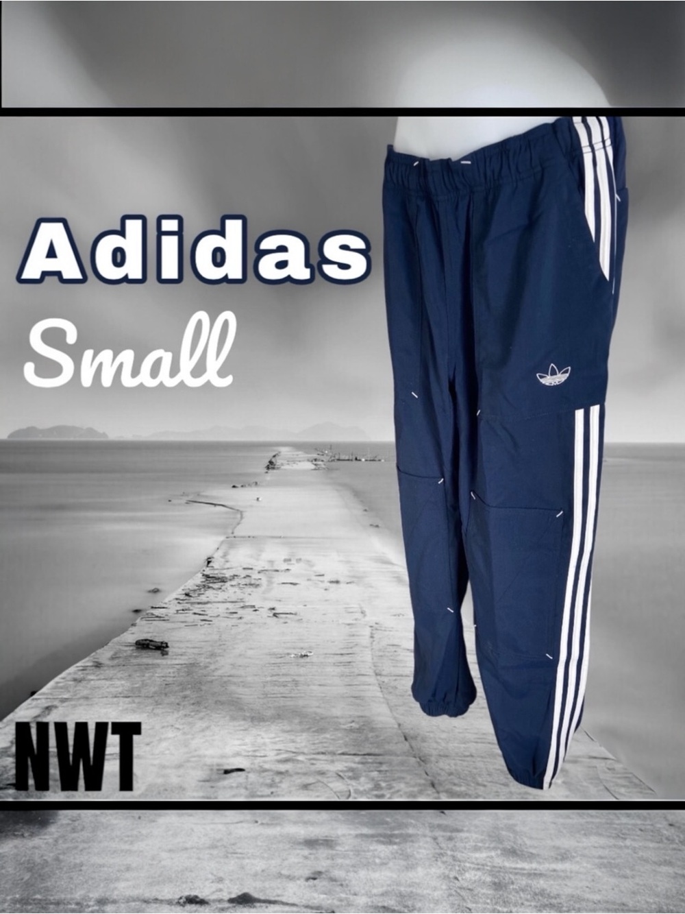 Adidas Navy White Jogger Pants Small NEW